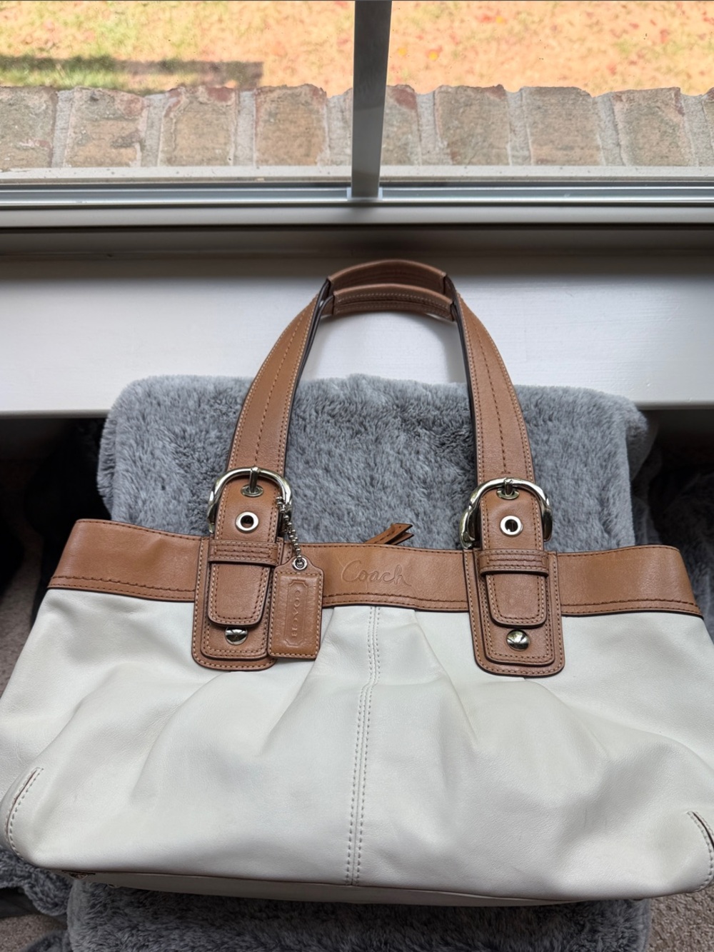 Coach Two-Tone Leather Shoulder Bag — Cream and British Tan. Silver hardware.